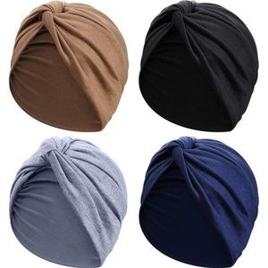 4 Pieces Turbans for Women Soft Pre Tied Knot Fashion Pleated Turban Cap Beanie